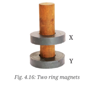 Q10. Two ring magnets X and Y are arranged as shown in Fig. 4.16. It is observed that the magnet X does not move down further. What could be the possible reason? Suggest a way to bring the magnet X in contact with magnet Y, without pushing either of the magnets.